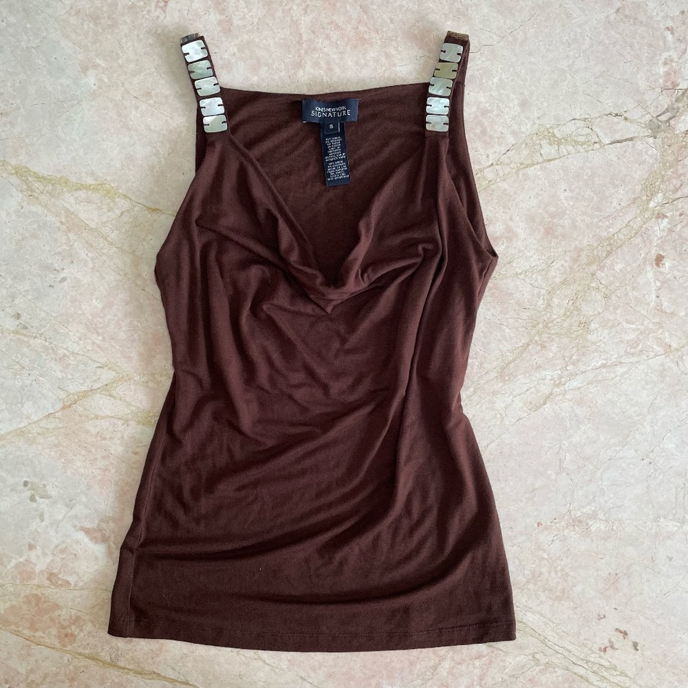 y2k brown cami top with iridescent shell hardware